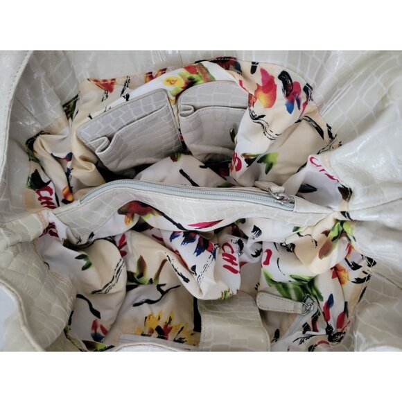 CHI By Carlos Falchi Croc Embossed Beige Leather Hobo Shoulder Bag w/ Dustbag - Picture 6 of 11